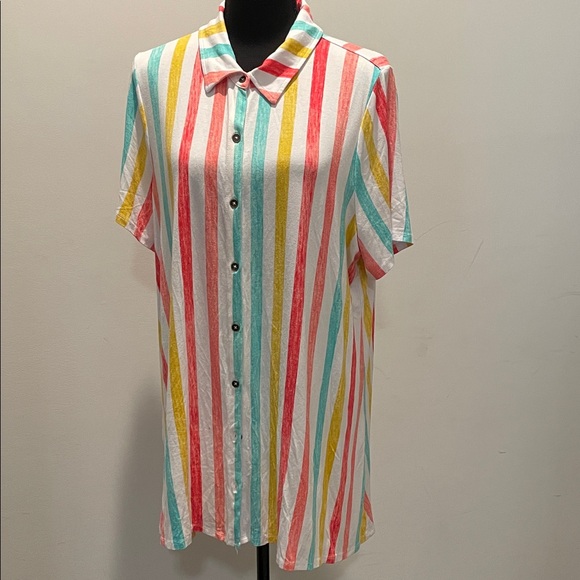 Kim Rogers Top Shirt Tunic Women Size XL Candy Colored Stripes Button Front - Picture 1 of 14